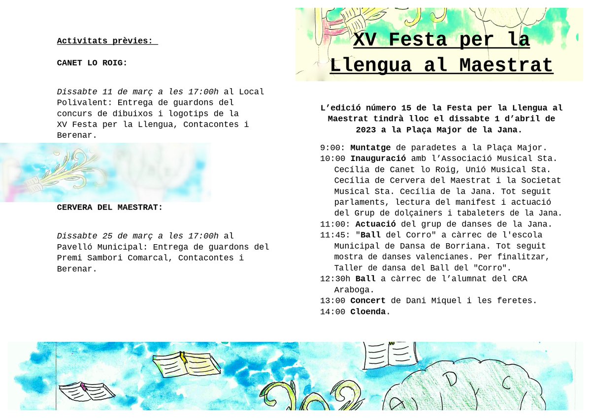 Ajunt_laJana's tweet photo. El pròxim dissabte 1 d'abril pel matí tindrà lloc a la Plaça Major de la Jana la XV edició de la Festa per la Llengua al Maestrat, amb la col·laboració especial del CRA Araboga (la Jana, Canet lo Roig i Cervera del Maestre) 
Podeu consultar tota la programació  👇 https://t.co/EkdK1jtjnp
