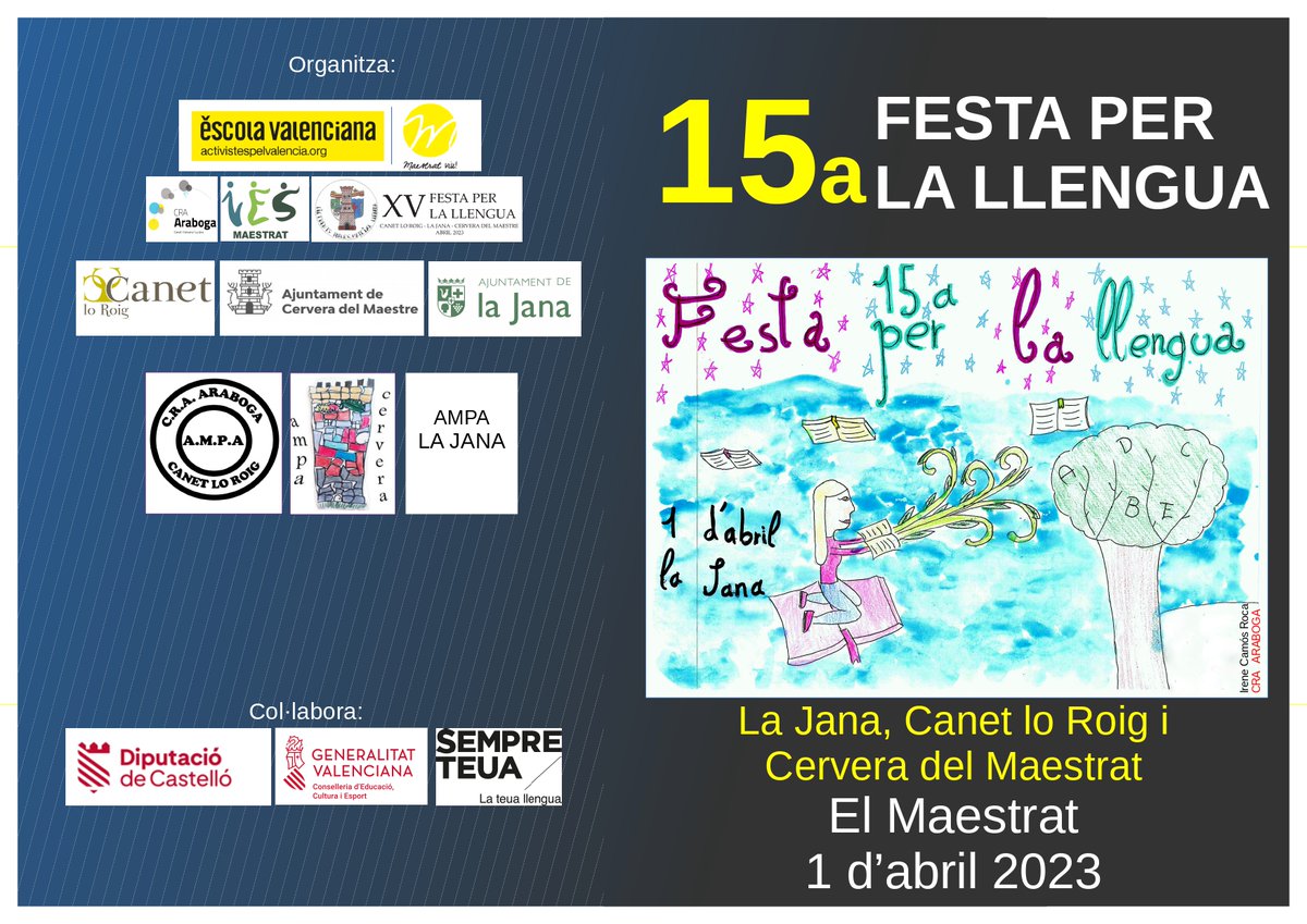 Ajunt_laJana's tweet photo. El pròxim dissabte 1 d'abril pel matí tindrà lloc a la Plaça Major de la Jana la XV edició de la Festa per la Llengua al Maestrat, amb la col·laboració especial del CRA Araboga (la Jana, Canet lo Roig i Cervera del Maestre) 
Podeu consultar tota la programació  👇 https://t.co/EkdK1jtjnp