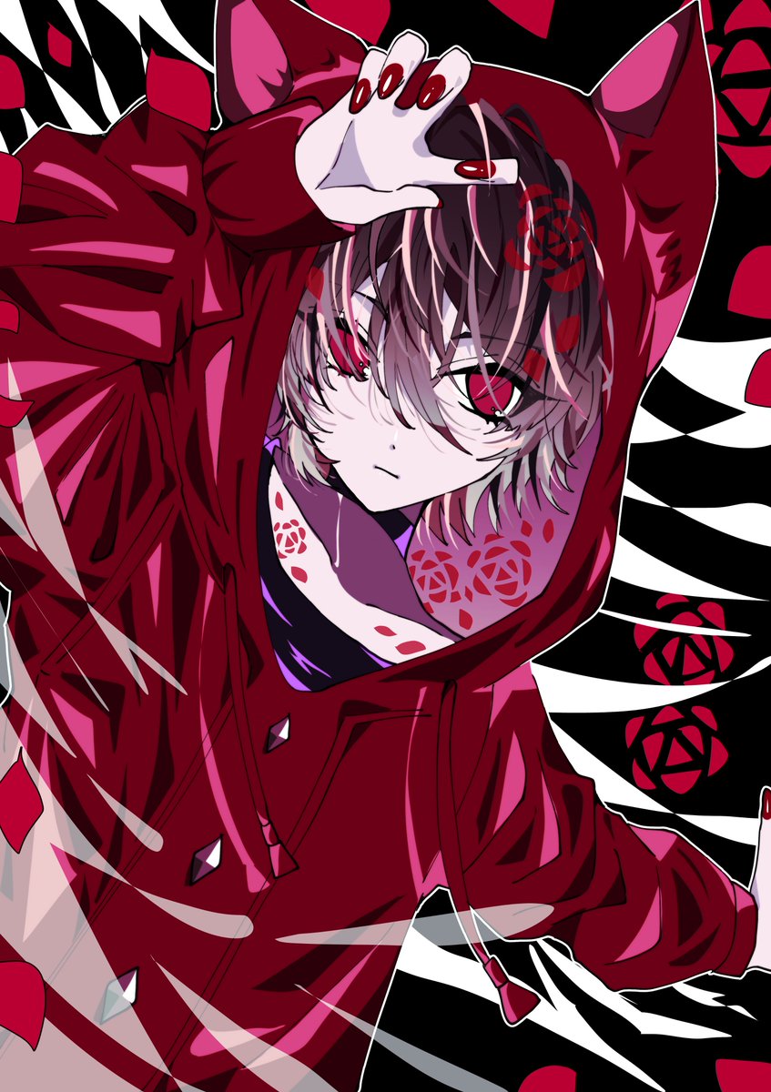 hood 1boy male focus red eyes solo red nails hood up  illustration images