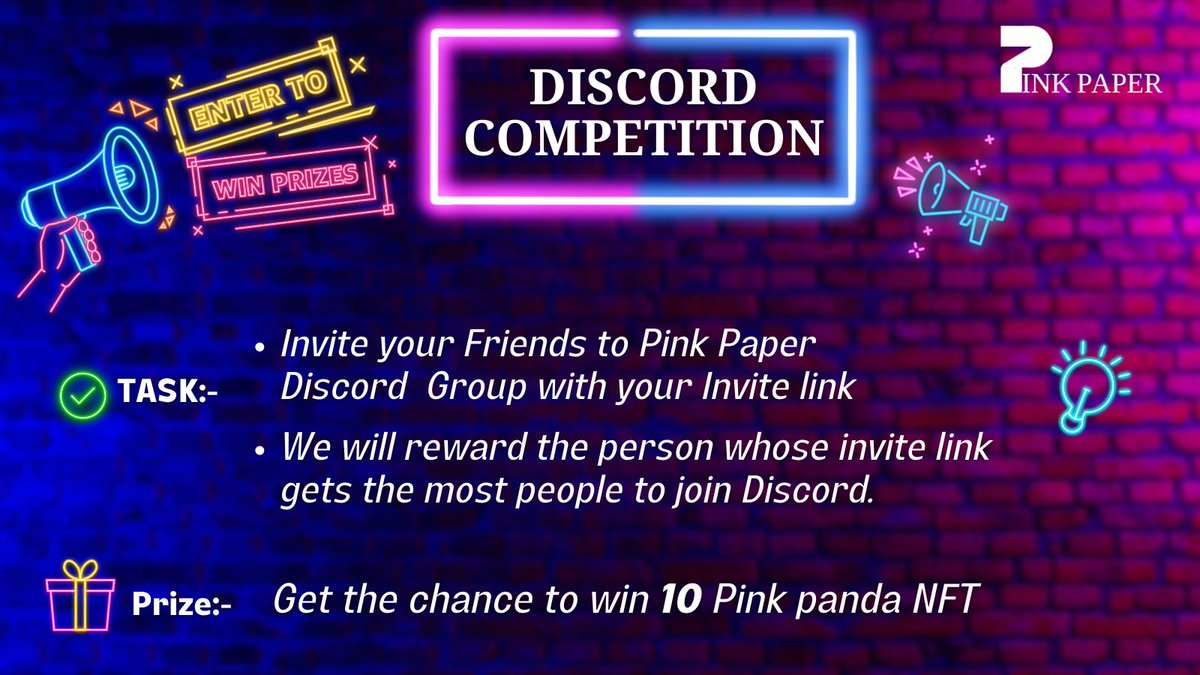 Pinkpaperxyz's tweet photo. 🔥Attention #NFT Alert🚨

🎉#Discord competition🤩
Join our Discord and invite your frens for a chance to win Pink Panda NFTs

✅ Follow @Pinkpaperxyz
✅ Rt this tweet
✅ Tag 3 Frens
⏰ 27th Mar-2th Apr
🎁 Win upto 10 NFT Pink Panda
🔗 Join here 👉https://t.co/rkRcMPIF79
📝Task👇 https://t.co/1AZkWWQ5Mz