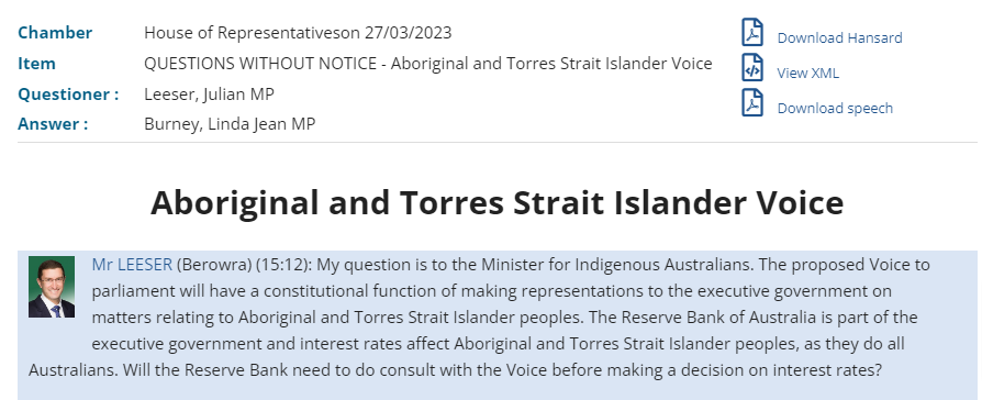 Just in case you were wondering if the Libs were going to debate The Voice in good faith, this was an actual question asked today in #QT (HT <a href="/Paul_Karp/">Paul Karp</a>)