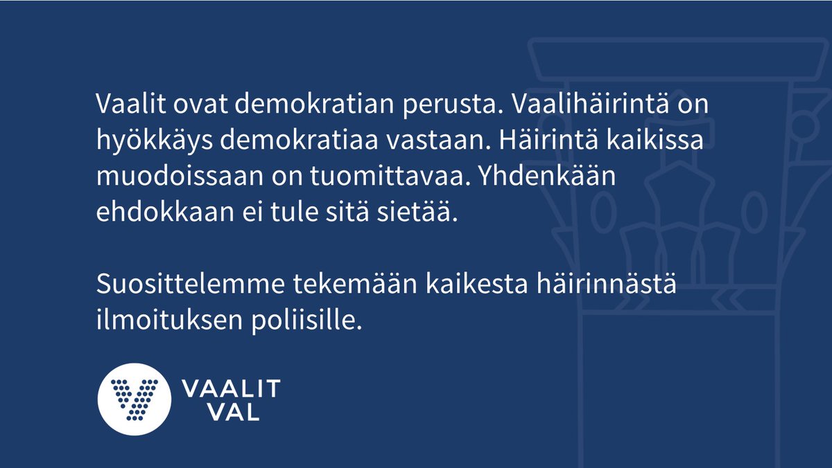 oikeusmin's tweet image. Vaalit ovat demokratian perusta. Vaalihäirintä on hyökkäys demokratiaa vastaan. Häirintä kaikissa muodoissaan on tuomittavaa. Yhdenkään ehdokkaan ei tule sitä sietää. 

Suosittelemme tekemään kaikesta häirinnästä ilmoituksen poliisille.

#eduskuntavaalit | #vaalit2023
