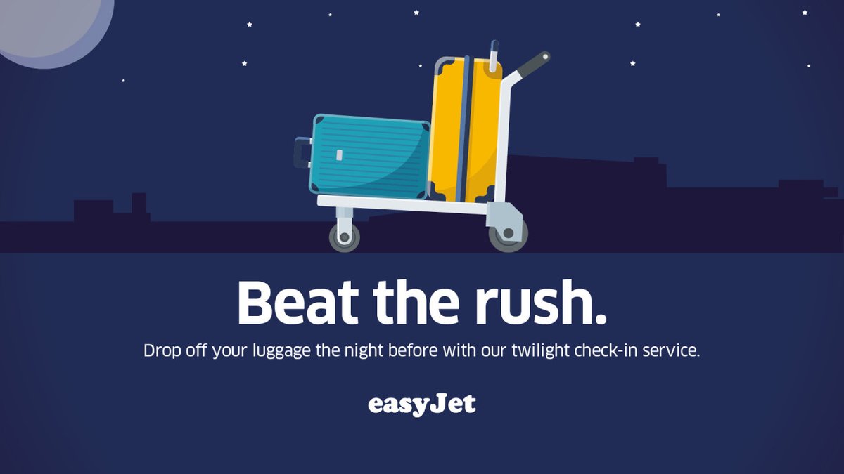 🧳| Drop-off your bags the night before with <a href="/easyJet/">easyJet</a>

The airline has launched its Twilight Bag Drop service, meaning you can check-in luggage the day before and head straight to security on the morning of your flight.

More: bit.ly/3z7v7Rp