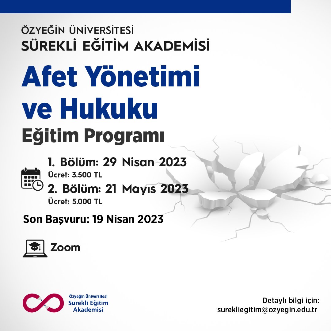 Sizleri 29 Nisan tarihinde başlayacak "𝑨𝒇𝒆𝒕 𝒀ö𝒏𝒆𝒕𝒊𝒎𝒊 𝒗𝒆 𝑯𝒖𝒌𝒖𝒌𝒖" konulu yeni sertifika programımıza davet ediyoruz.

Son Başvuru: 19 Nisan 2023

Program ve başvuru detayları: sea.ozyegin.edu.tr/mod/page/view.…

#afetyönetimi #afetmevzuatı #afetpsikolojisi