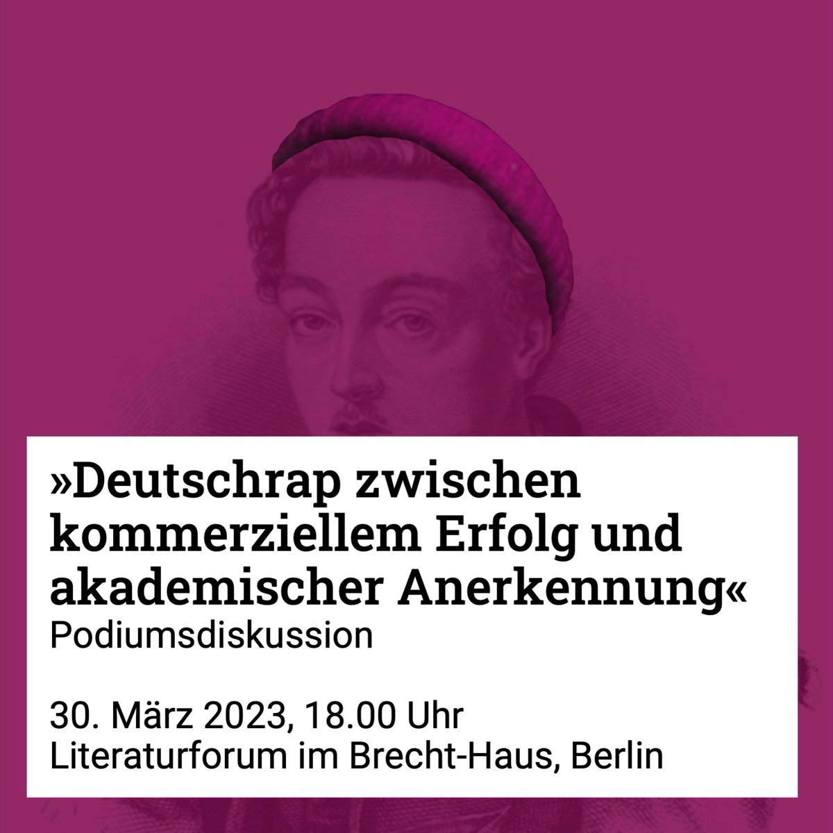 Donnerstag Abend diskutieren wir ab 18:00 Uhr im <a href="/lfbrecht/">Literaturforum im Brecht-Haus</a> mit der Rapperin Yetundey, dem Popmusikforscher Antonius Weixler und der Musikredakteurin Yasmina Rossmeisl über Rap im Spannungsfeld von autonomer Kunst und ostentativem Kommerz. (Keine Anmeldung nötig)