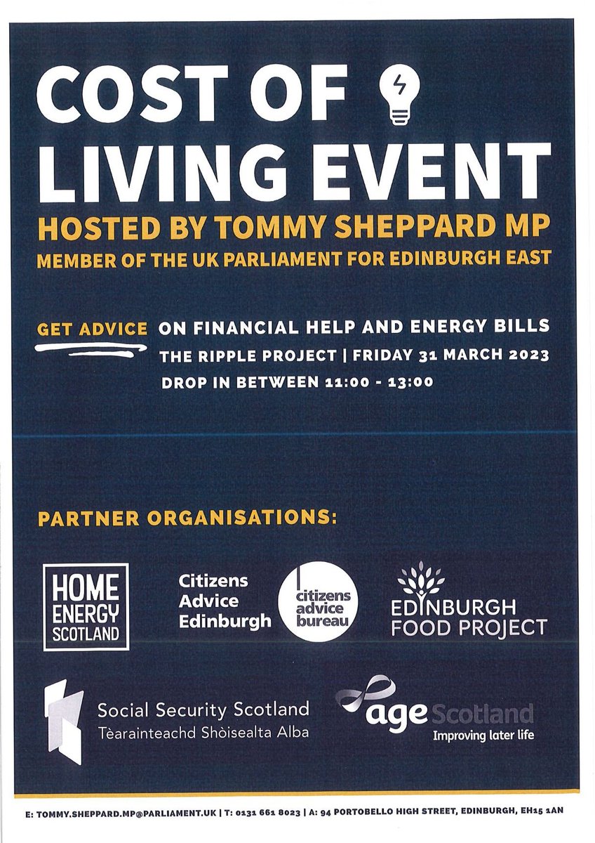 RippleRestalrig's tweet photo. A Cost of Living advice drop-in event hosted by Edinburgh East MP Tommy Sheppard. Friday 31st March, 11am to 1pm.
Restalrig Lochend Community Hub, 198 Restalrig Road South, EH7 6DZ. https://t.co/BriPkCpldW