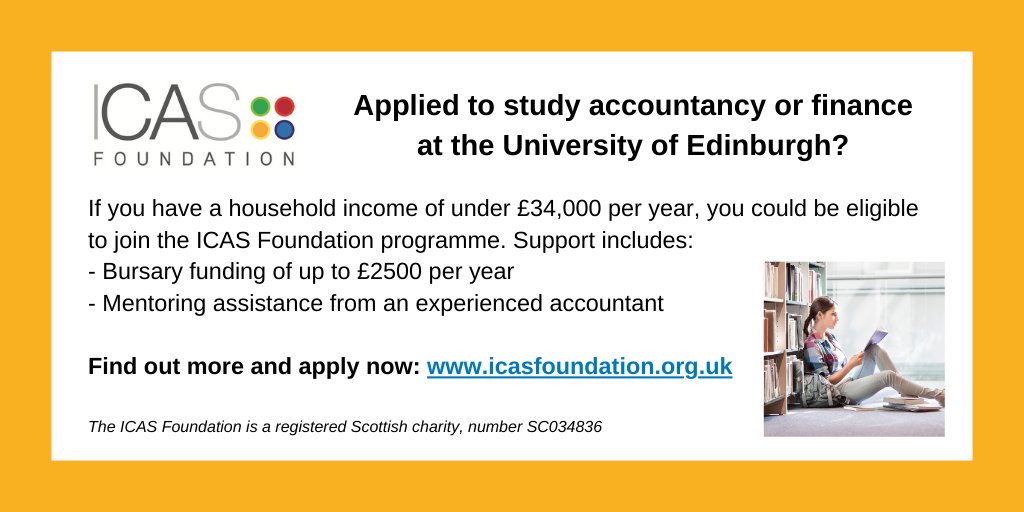 Studying Accounting or Finance at the University of Edinburgh this autumn? Apply before 31 May for support from the <a href="/ICASFoundation/">ICASFoundation</a> - check your eligibility and find out more at icasfoundation.org.uk. <a href="/EdinburghUni/">The University of Edinburgh</a> @UOEbusiness @UniofEdWPteam <a href="/LEAPS1996/">LEAPS1996</a> <a href="/LIFTOFF2tweet/">LIFT OFF</a>