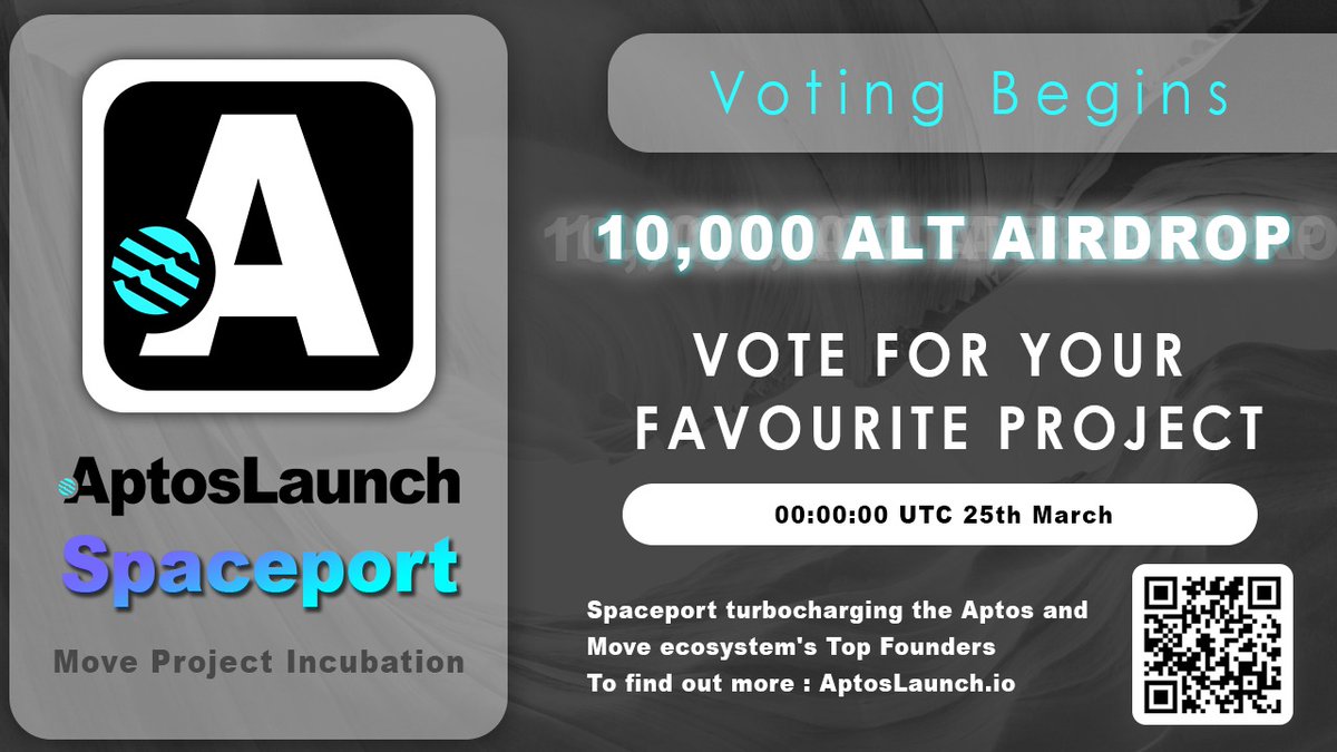 The largest incubation program for projects in the #Aptos &amp; #Move ecosystem space 🔥

Voting is LIVE at app.aptoslaunch.io/spaceport/proj…

Vote for your favorite project - A total pool of 10,000 $ALT will be airdropped to the winning team voters 🔥

LFG

#aptoslaunch #aptos #Airdrop #DeFi