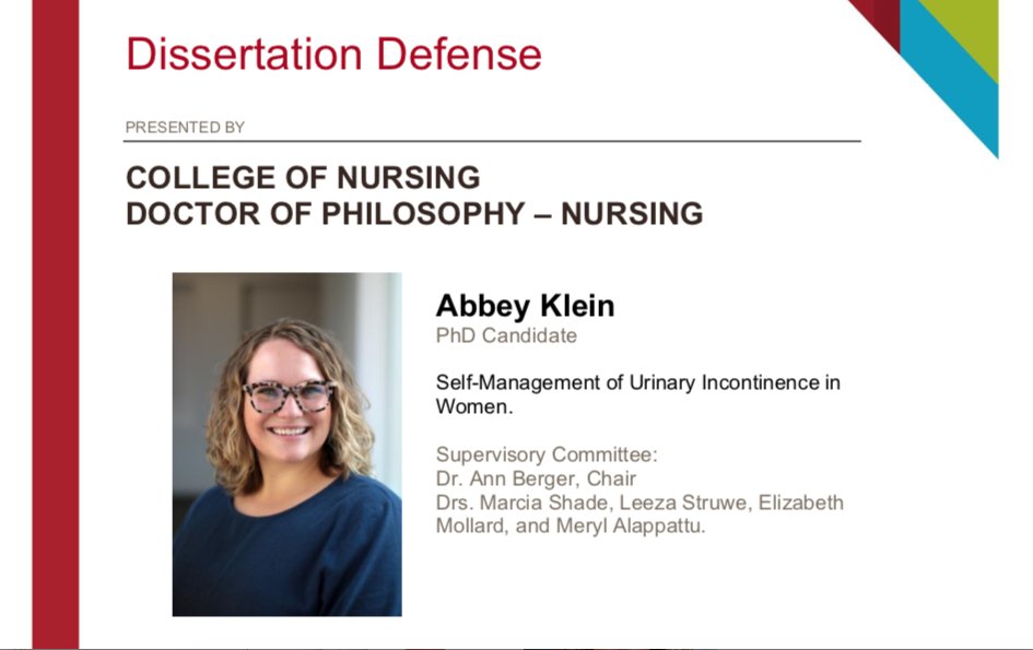 Congratulations Abbey Klein---today is your DAY!

Please join us today at 10 am to watch and listen to Abbey Klein, PhD Candidate, defend her dissertation 'Self-Management of Urinary Incontinence in Women'. 

#DissertationDefense #PhDDone #UrinaryIncontinence @smalltownAbbey