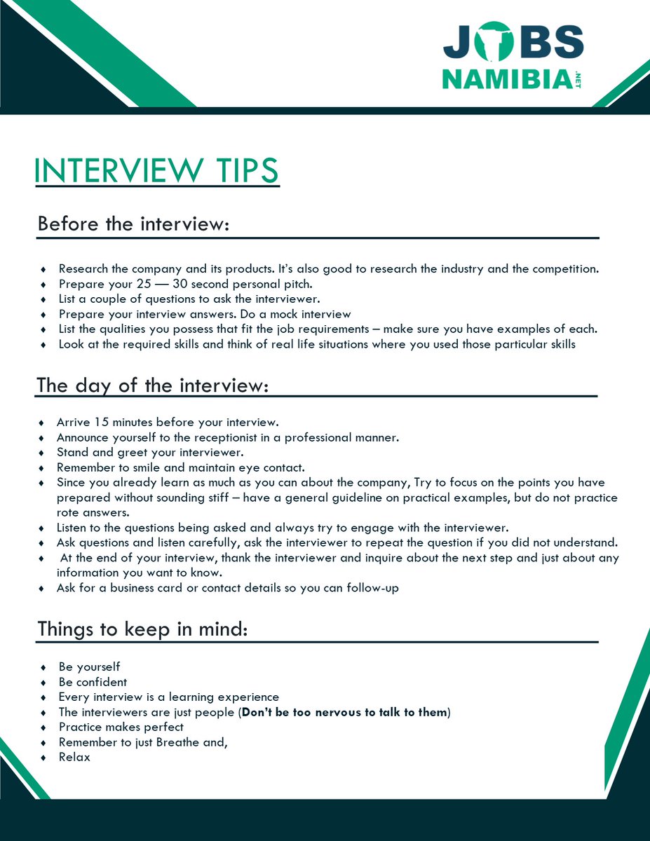jobs_namibia's tweet photo. Preparing for an Interview this week? Keep these few things in mind.
#interview #Tips https://t.co/yay8fRu2Em