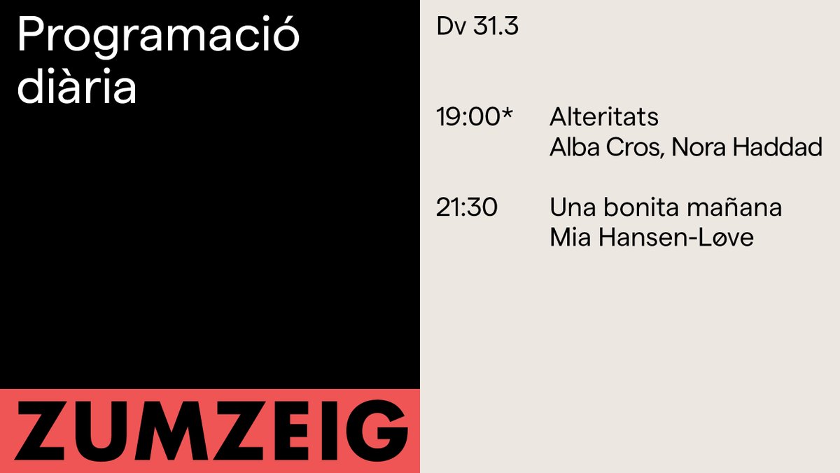 ZumzeigCinema's tweet image. S'acaba la setmana però no la programació del #Zumzeig 🥳

#Alteritats Òpera prima de la cineasta Alba Cros 📽️ 
#UnaBonitaMañana Una visió humanista i empàtica sobre el misteri que busca el cor ❤️‍🩹

 🎟️ bit.ly/3rBezuG