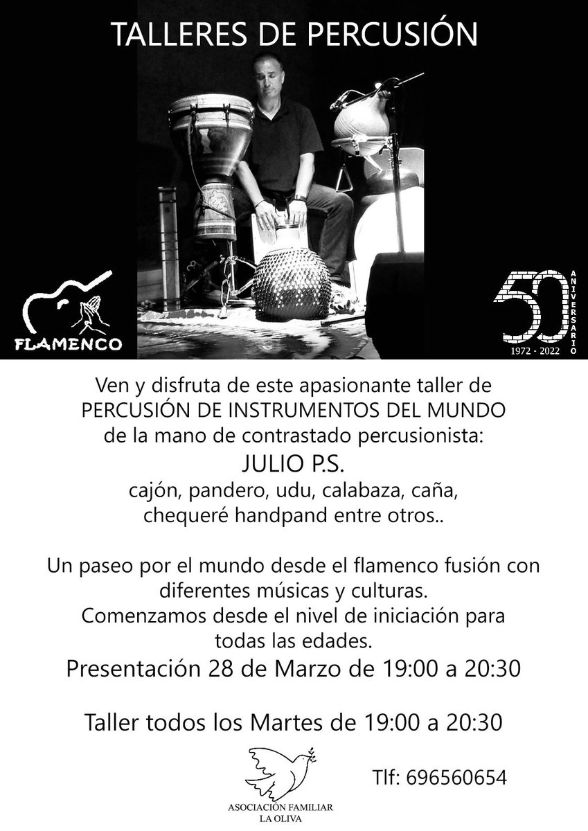 📢El próximo martes 28 a las 19.00 horas, hacemos la presentación del Taller de Percusión en nuestra entidad.
Ven y participa👇👇👇👇👇