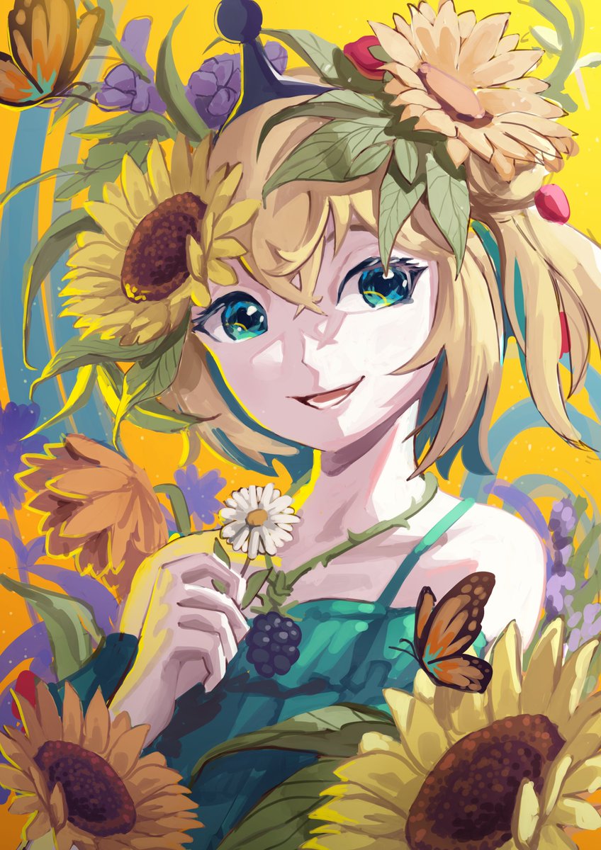 1girl sunflower flower solo blonde hair bug smile  illustration images