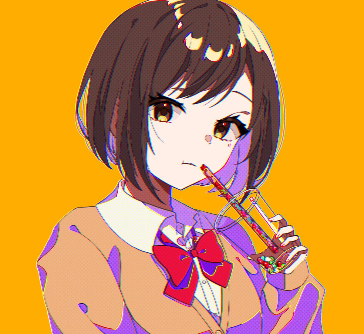 1girl solo drinking straw brown hair short hair bow brown eyes  illustration images