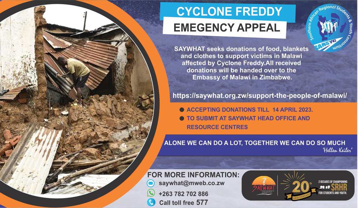 SARSYC (@sarsyc) on Twitter photo In response to the aftermath of Cyclone Freddy, we are appealing for donations to support the affected communities in Malawi. We are specifically asking for tinned food & other non-perishable goods that can help sustain the people in the long term. Email us on saywhat@mweb.co.zw In response to the aftermath of Cyclone Freddy, we are appealing for donations to support the affected communities in Malawi. We are specifically asking for tinned food & other non-perishable goods that can help sustain the people in the long term. Email us on saywhat@mweb.co.zw
