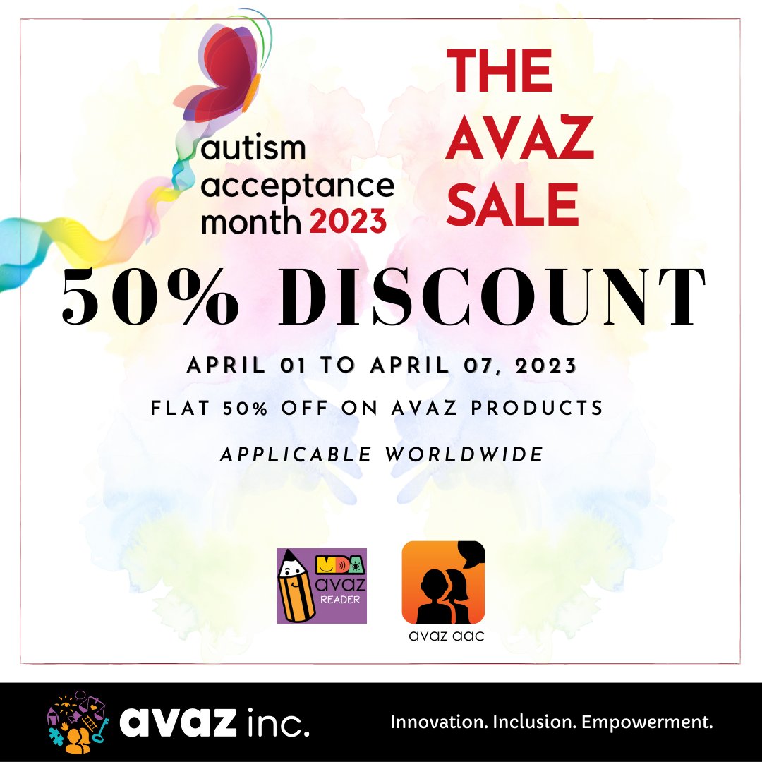 avazapp's tweet image. 📢 SAVE THE DATE!

In honor of Autism Acceptance Month, we are offering a 50% discount on Avaz products from April 1st to April 7th.

Click on this link to view the discounted prices: lnkd.in/gAS3KCCu

#avazaac #avazapp #sale #autismacceptancemonth