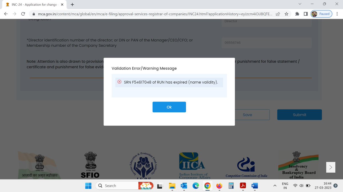 AmoghDiwan's tweet photo. @HelpdeskMCA21V3 @MCA21India @nsitharamanoffc INC-24 is being filed after the general meeting is passed within the period allowed for adoption of name. The error is being given that the name has expired. However, the EGM was held within the period allowed. https://t.co/e636ARUAct