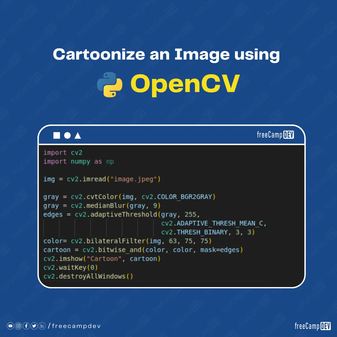 freecampdev's tweet photo. Cartoonize an Image using Python OpenCV 

@freecampdev | https://t.co/69JQiTqrsC

#freecamp #python #opencv #cartoon #cartoonize #image #pic https://t.co/LPiNCYX8y4