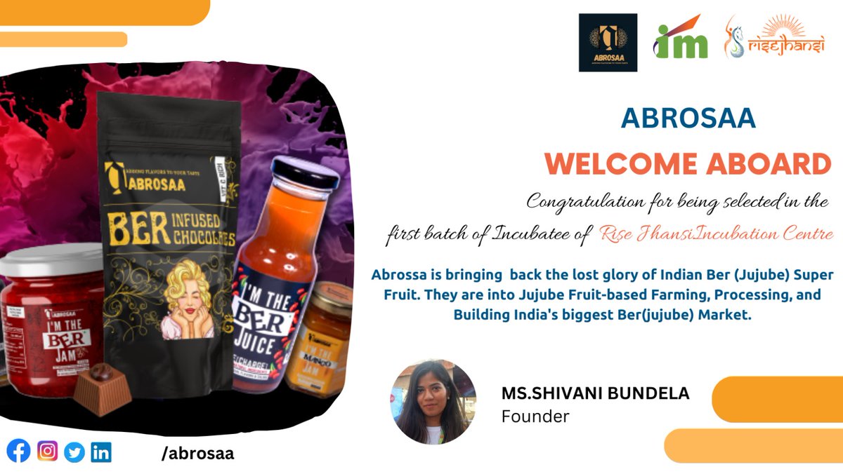 We are thrilled to announce that Abrosaa has been  selected for the first batch of RISE - Rani Laxmi bai Incubator for Sustainable Entrepreneurship! Thanks to Team Incubation Masters for their support. Let's innovate and succeed together! #Abrosaa #RISEJHANSI #Startups #indianber