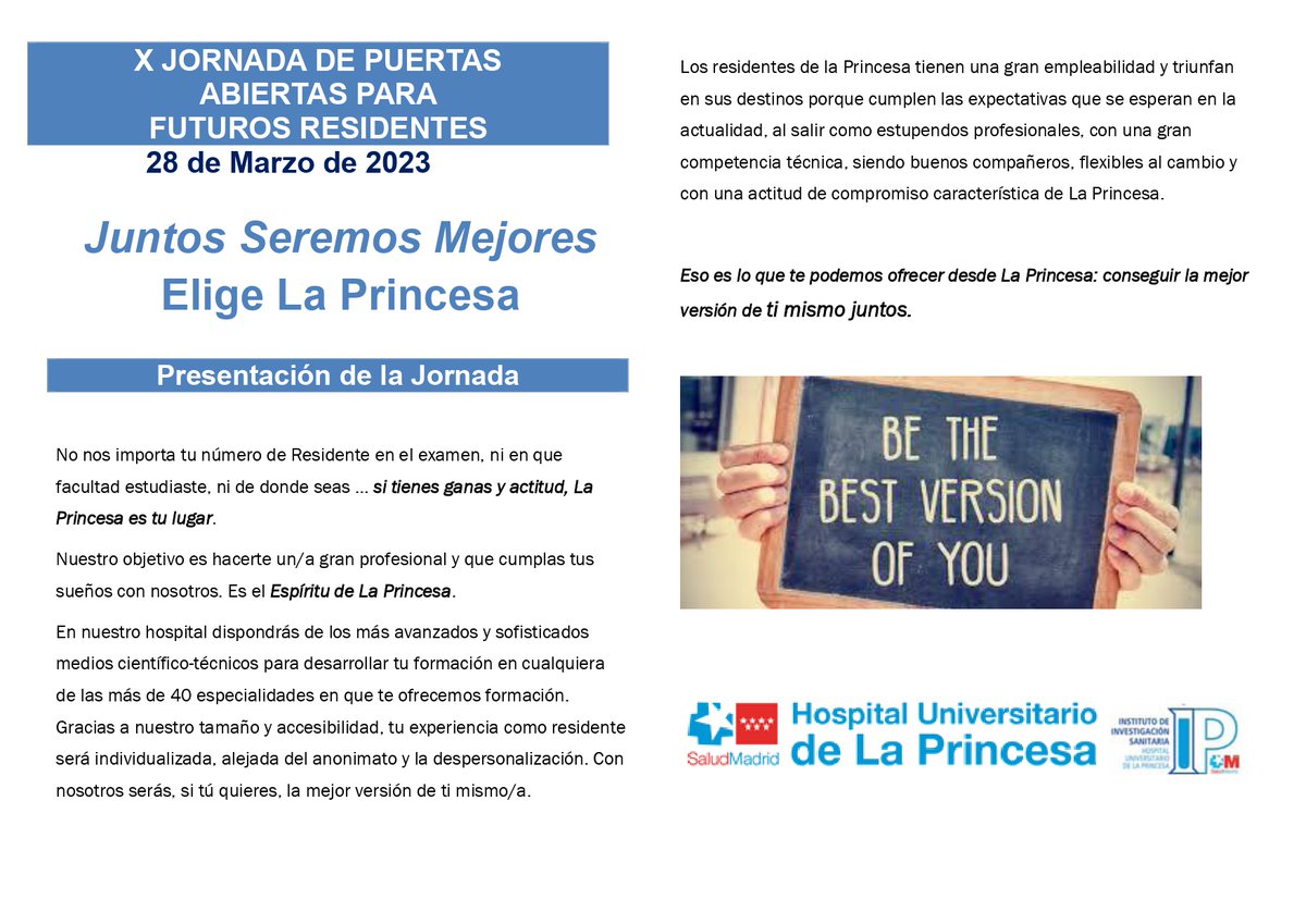 MontePerdido31's tweet photo. 📣Futuro Residente📢

✅Mañana 28 de marzo a las 10 de la mañana tienes una cita en el #HospitaldeLaPrincesa
✅Ven y verás todas las posibilidades que te brinda este magnífico centro
✅Grandes profesionales, última tecnología, ambiente familiar y en centro de Madrid 
 ⬇️Programa https://t.co/KriX8xyxU6