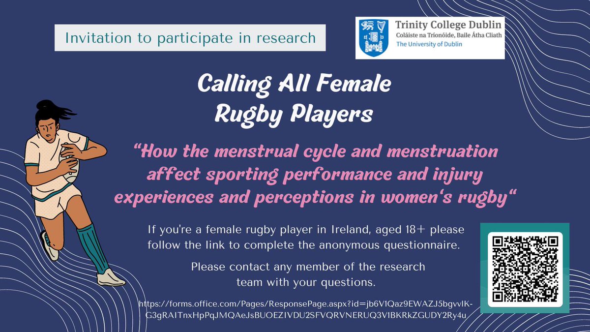 Are you a Female Rugby Player in Ireland, aged 18+? 🍀🏉Please fill out our Survey!💚 We are a Final Year Physiotherapy students conducting research on Women’s Rugby and the Menstrual Cycle. Link to Survey: forms.office.com/Pages/Response…