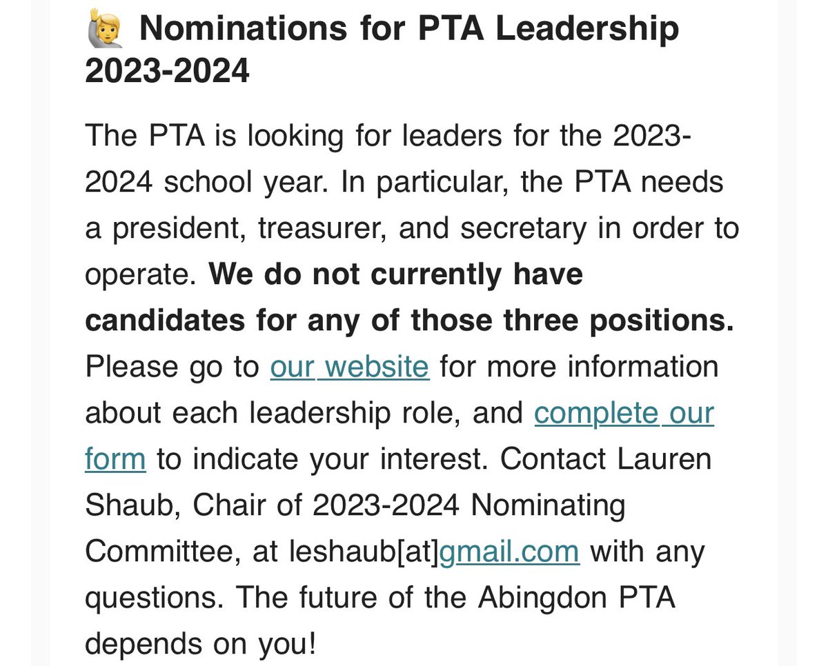 <a href="/AbingdonPTA/">Abingdon PTA</a> is looking for pta leadership! We need your support to give <a href="/AbingdonGIFT/">Abingdon APS</a> the best. Join us!