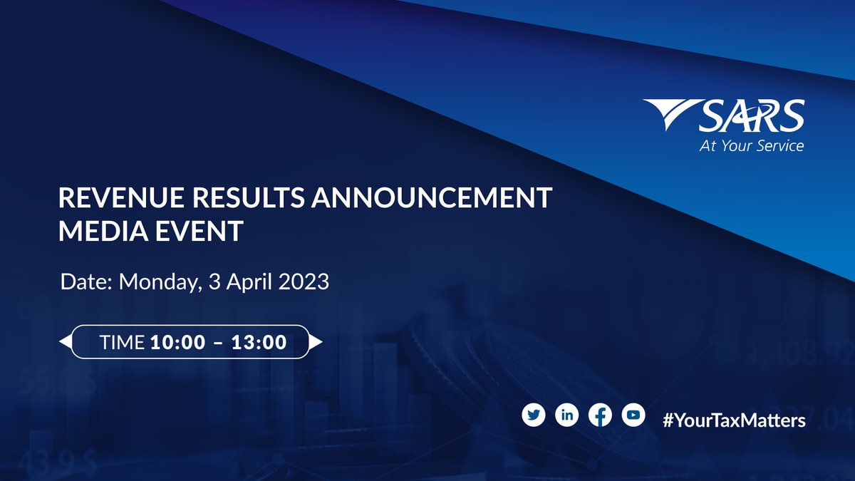 sarstax's tweet image. SARS will host a media briefing to announce the preliminary revenue outcome for the 2022/23 financial year on Monday, 3 April 2023 @ 10:00.

The media briefing will be broadcast live on SARS TV on YouTube: youtube.com/watch?v=aCbrgg…
#SarsRevenue2023 #YourTaxMatters
