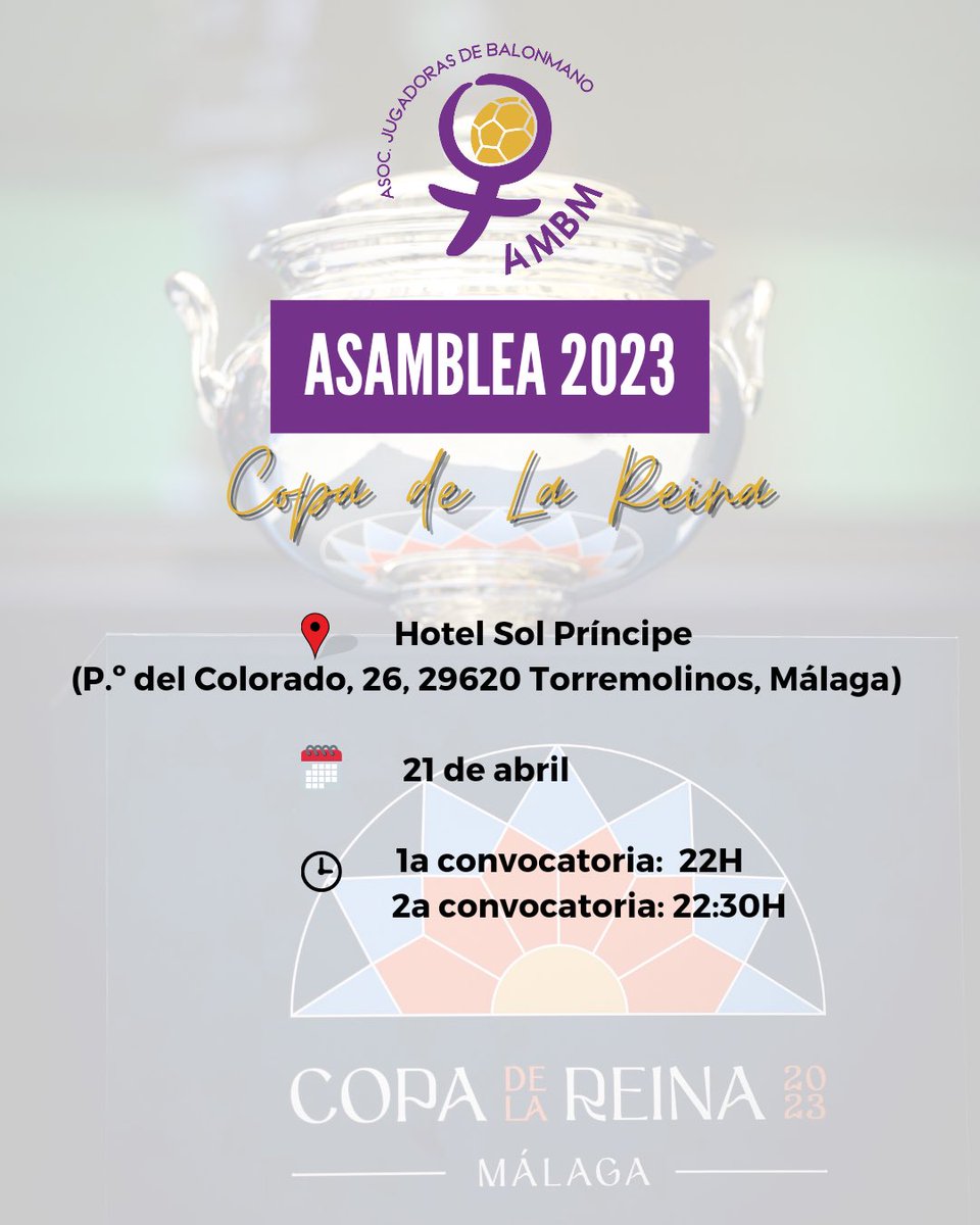 🚨Atención 🚨

🏆Durante la Copa de la Reina 2023 vamos a realizar nuestra primera Asamblea como junta directiva.

🤝Es una oportunidad perfecta para reunirnos con nuestras asociadas y todas juntas decidir los pasos a dar ante los retos que tenemos por delante.