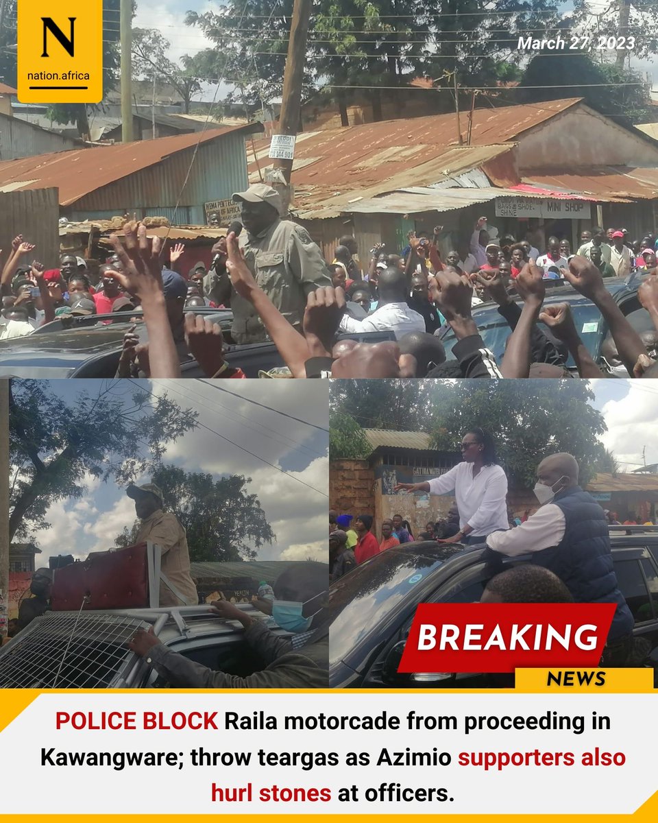 POLICE BLOCK Raila motorcade from proceeding in Kawangware; throw teargas as Azimio supporters also hurl stones at officers.  nation.africa/kenya/news/pol…