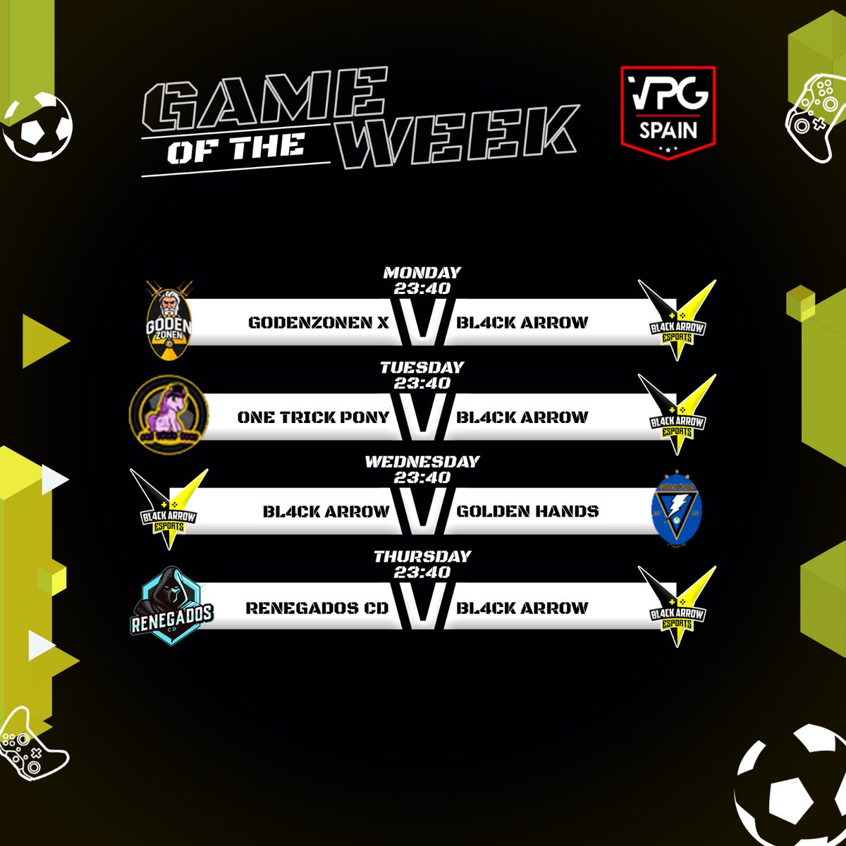 Arrancamos <a href="/VPG_Spain/">Virtual Pro Gaming España</a> contra uno de los candidatos al título @GodenzonenX , seguiremos con los siempre complicados <a href="/One_TrickPonyFC/">One Trick Pony FC</a> @GoldenhandsAyS y terminaremos contra un rival clasico <a href="/CRenegados/">Renegados C.D.</a> . Dura semana que esperamos poder solventar.
#GoB4W