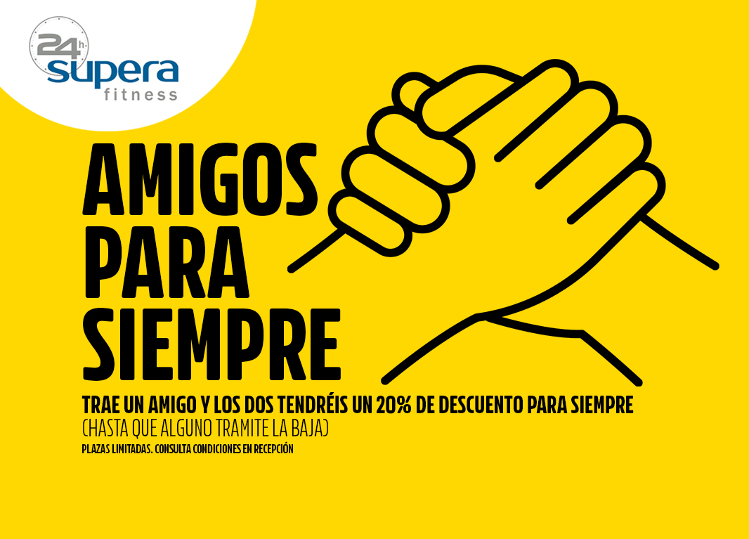 ¡Ùltimos días de la promoción amigos para siempre! Trae un amigo y no pierdas la ocasión de tener ambos un descuento del 20% en la cuota mientras sigáis siendo socios de Supera 24h.

Más información, en el enlace y en tu club. Consulta condiciones. 

supera24.fitness/2023/03/09/reg…