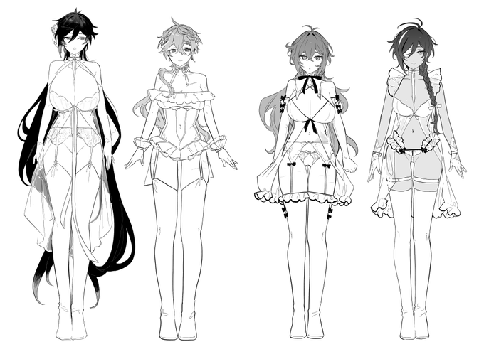 > 空くんが脚長お姉さんたちとイチャイチャする話。終始とてもスケベでたいへん良かったです…!描いてくれてありがとうございます… https://t.co/xFzvtaafSG 
紙ver.に掲載したウェディングランジェリー全体図です
空タル♀を添えて… 