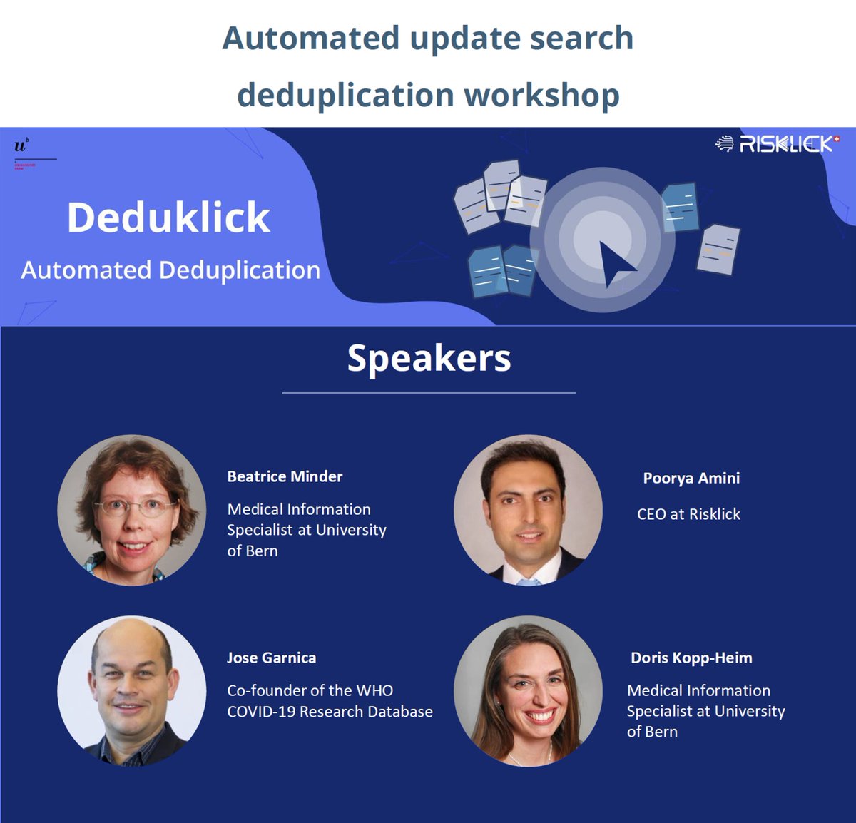 If you work with large #databases or #SystematicReviews, consider joining Automated deduplication workshop (29-30 March).
Join our expert speakers &amp; learn how to keep your database free of #duplicates just with a few clicks #medlibs #Covid_19 
Register:ub.unibe.ch/recherche/fach…