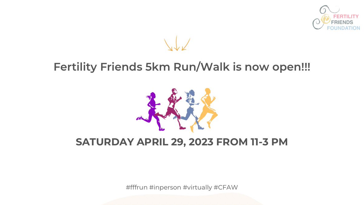 FFFinfertility's tweet photo. Fertility Friends Run Registration is OPEN! Join us in-person or virtually to raise the awareness of infertility and raise money that will go toward IVF, egg and sperm donation, and gestational surrogacy grants. 🥳🎉 https://t.co/tF2fQdpZ9g #fffrun https://t.co/k60hblxngc