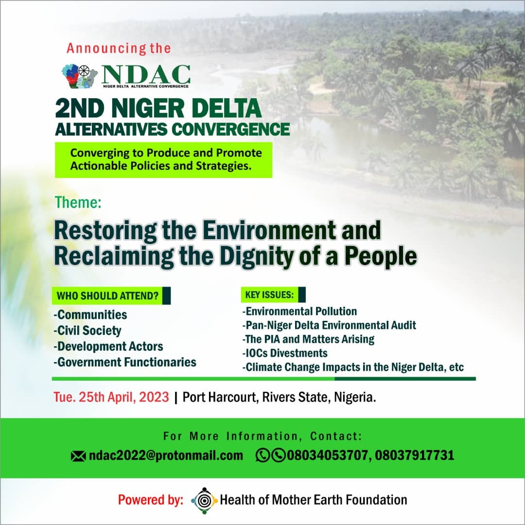 EcoHomef's tweet photo. NDAC 2023 will capitalize on the opportunities presented by the outcome of the 2023 general elections and the policy reform environment created by every change in administration to drive the Niger Delta agenda into popular policy conversations.@NnimmoB @oilwatchafrica1 @ERAFoEN1 https://t.co/ggNkDTc86Q