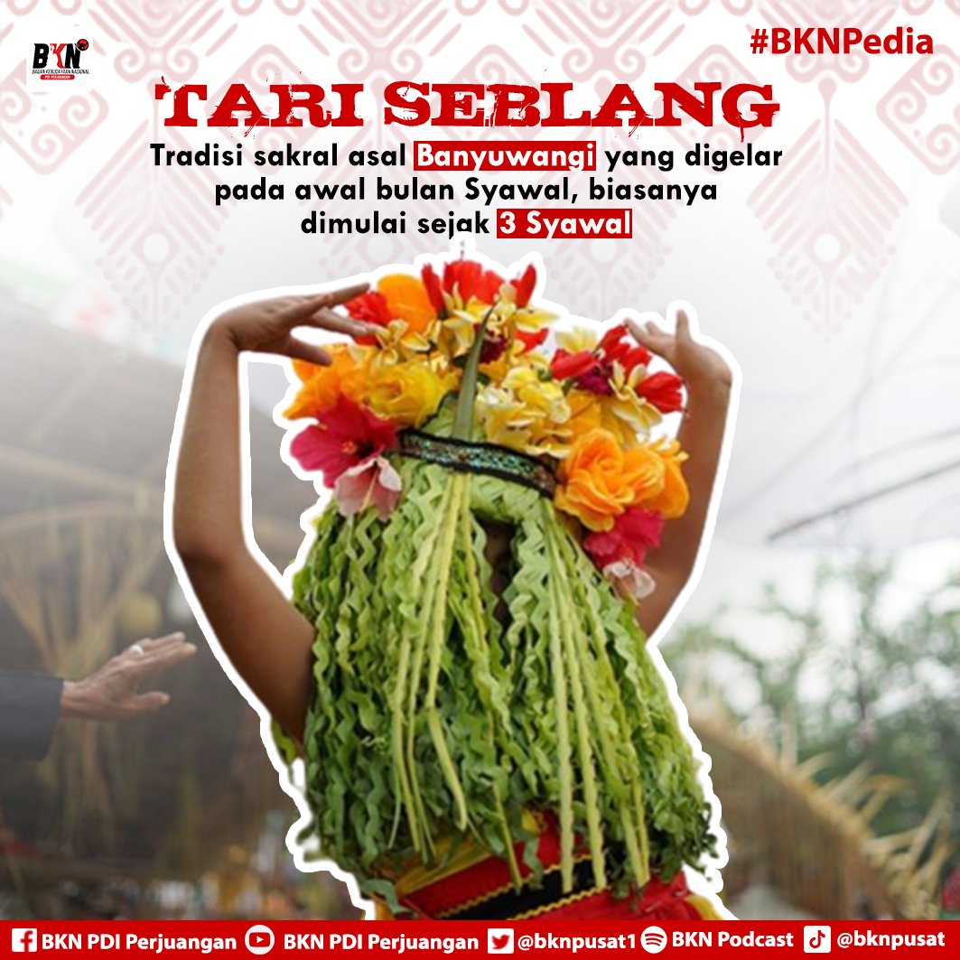 bknpusat1's tweet photo. Tari Seblang dari Banyuwangi, Jawa Timur.
Tradisi yang biasanya digelar pada awal bulan syawal, dan biasanya dimulai pada tanggal 3 Syawal.
#BKNPDIPerjuangan
#PDIPerjuangan
#SolidBergerak
#BKNPDIP
#TariTradisional. https://t.co/GShuU7QctS