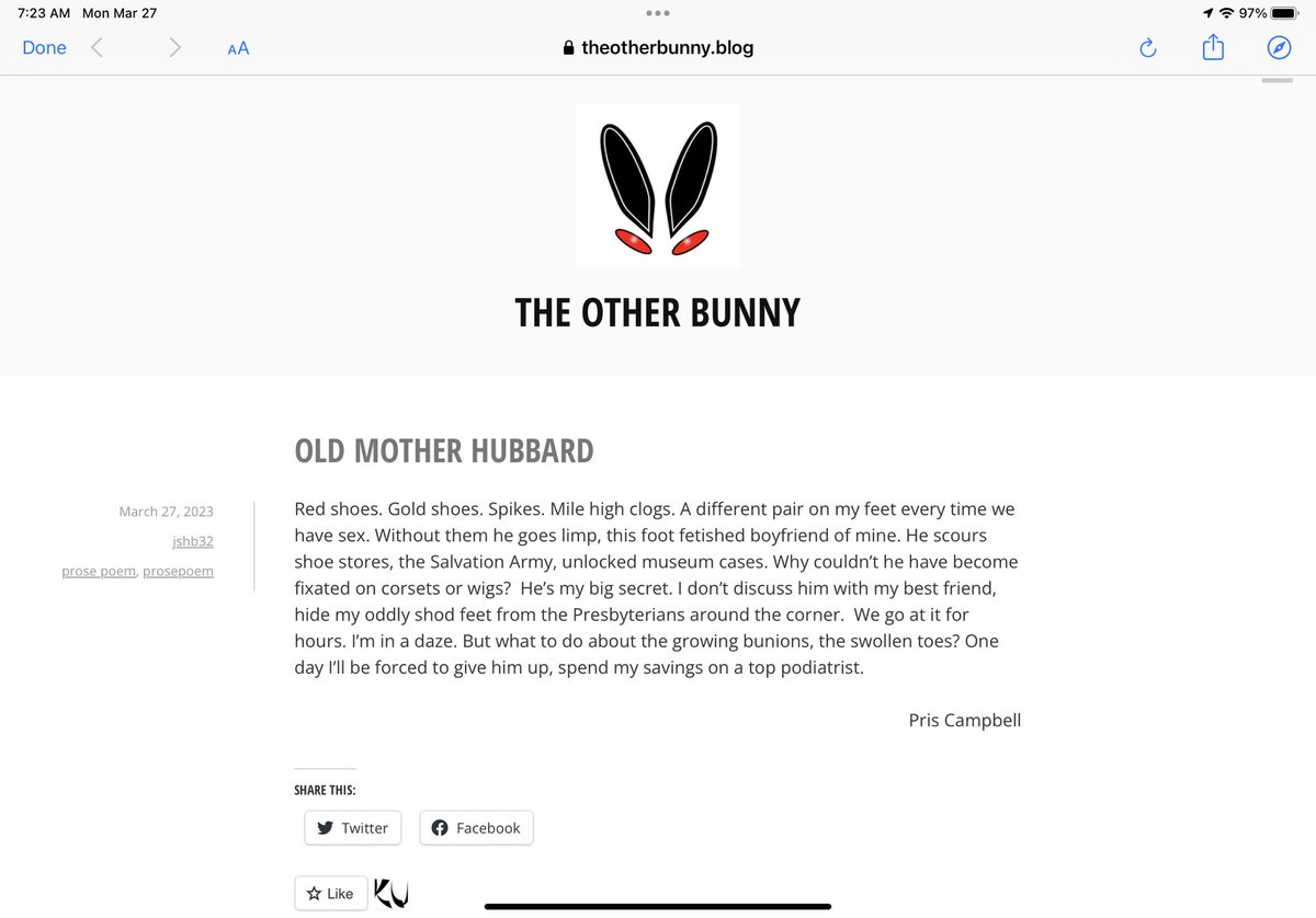 The wild and wonderfully crazy The Other Bunny is just out with my latest submission!

theotherbunny.blog/2023/03/27/old…
#haibun #fetish #shoes