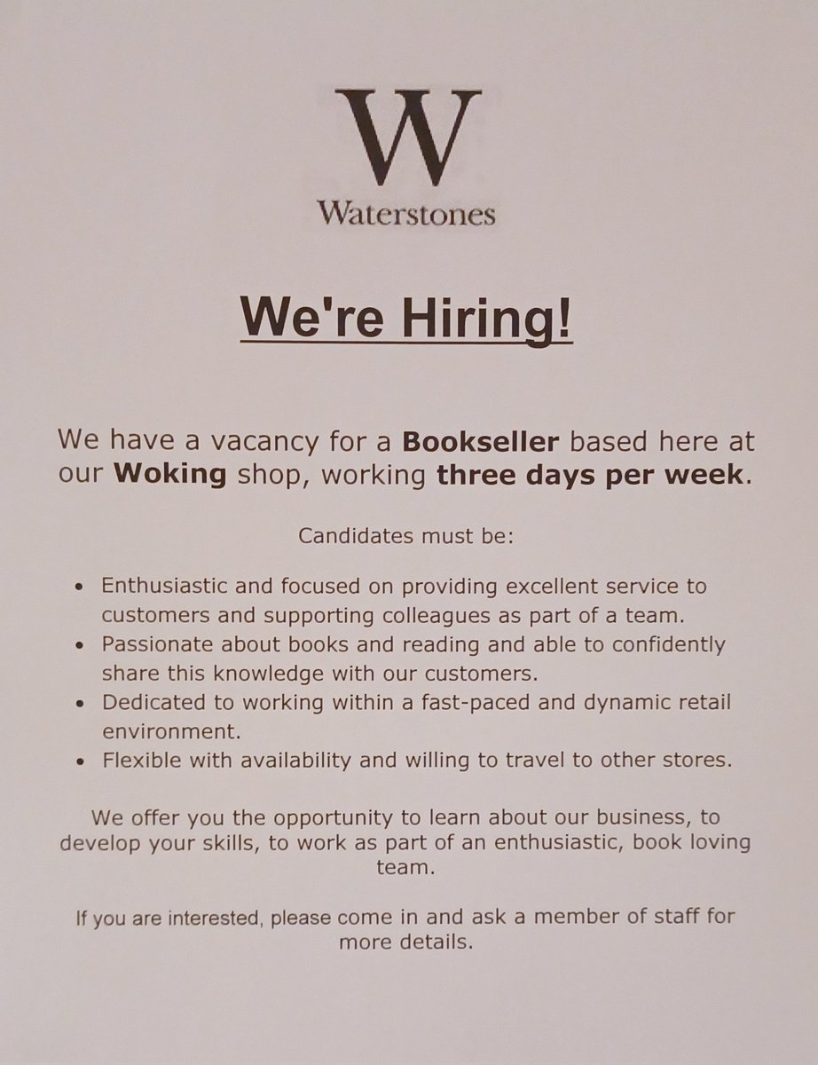 We're hiring! If you are interested please come in for a chat 📚🙂