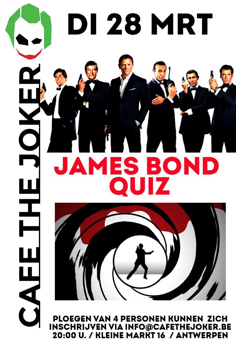 fokke_vdm's tweet photo. Er is nog plaats voor 1 ploeg in mijn James Bond Quiz. Mail: info@cafethejoker.be #wordtleuk https://t.co/x2aTsTmKbk