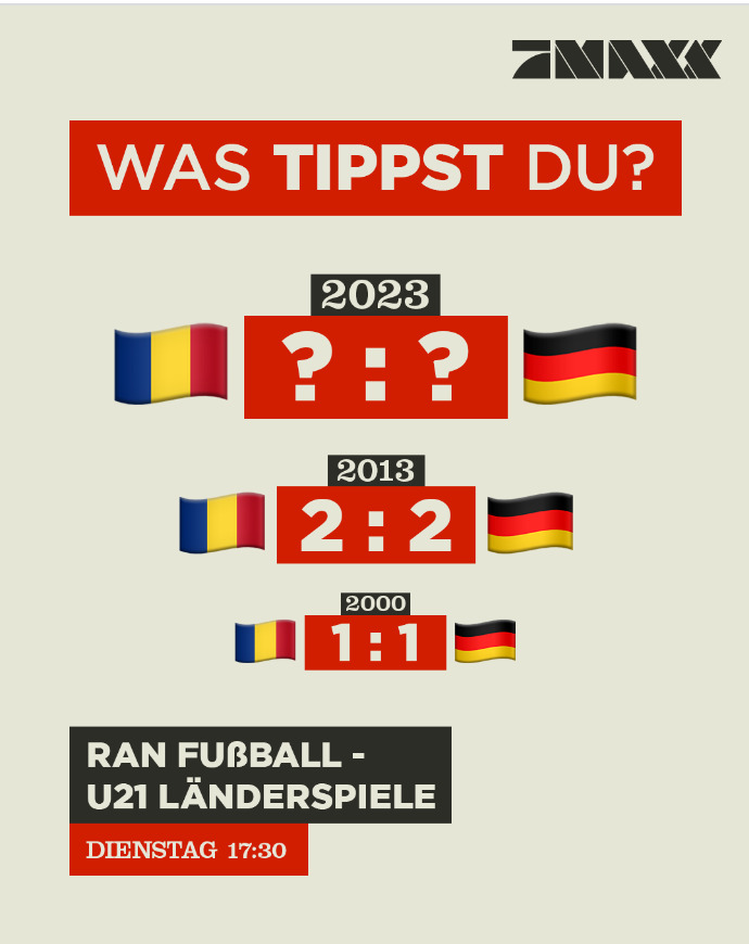 ProSiebenMAXX's tweet photo. Was glaubt ihr, wie wird der letzte Härtetest unserer #U21 @DFB_Junioren vor der #U21EURO ausgehen? ⚽️❤️
📺 Morgen 17:30 Uhr: #ranFussball live:
🇷🇴 vs. 🇩🇪 #ROMGER https://t.co/XCJwvM2sS7