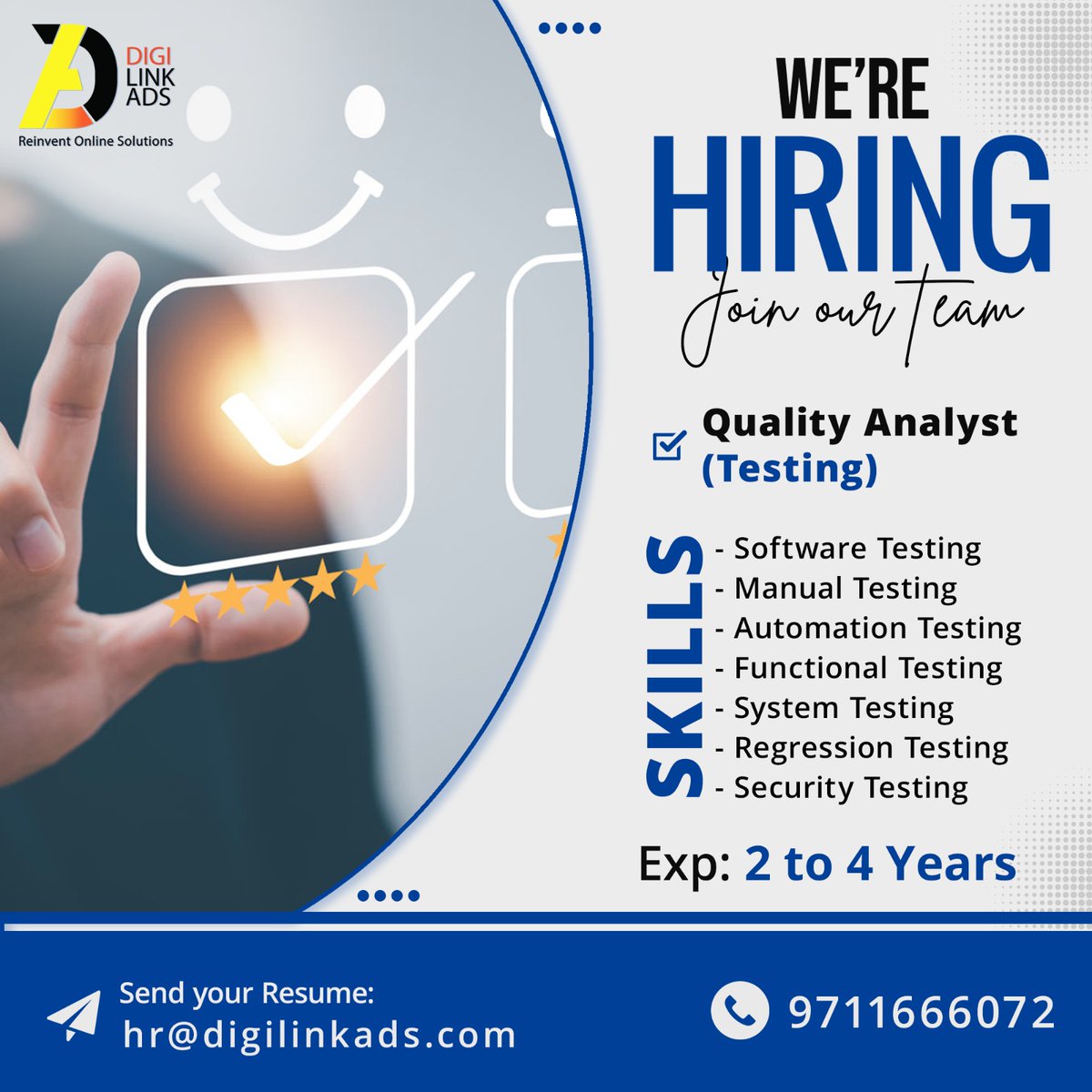 Join Our Team as a Q.A Engineer..

       !!!!!!!!!!! HIRING !!!!!!!!!!!!

#Qualityanalyst #SoftwareTesting #CodeReview #Bughunting #FunctionalTesting #PerformanceTesting #ManualTesting #RegressionTesting #TestDrivenDevelopment #UserAcceptanceTesting #DigilinkFamily #Corporate