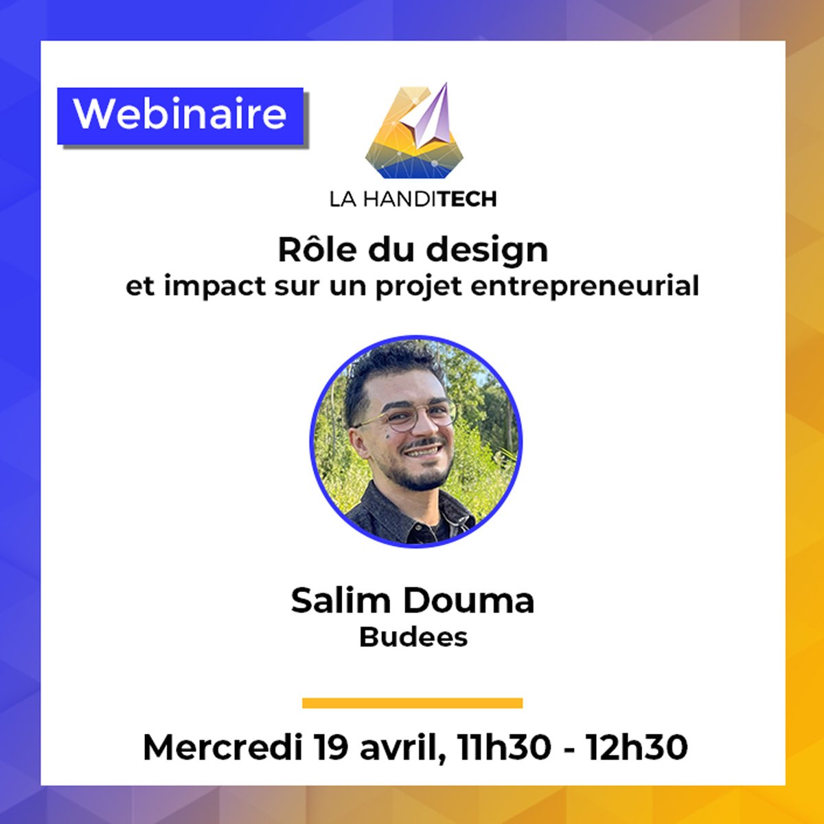 Webinaire pour parler Design et entrepreneuriat avec  l'équipe Polux et Salim Douma de Budees. La lampe Polux était finaliste au <a href="/HanditechTrophy/">Handitech Trophy</a> l'année dernière. Venez découvrir en quoi le design a joué un rôle : RV Teams le 19 avril à 11h30 urlz.fr/l8Ww