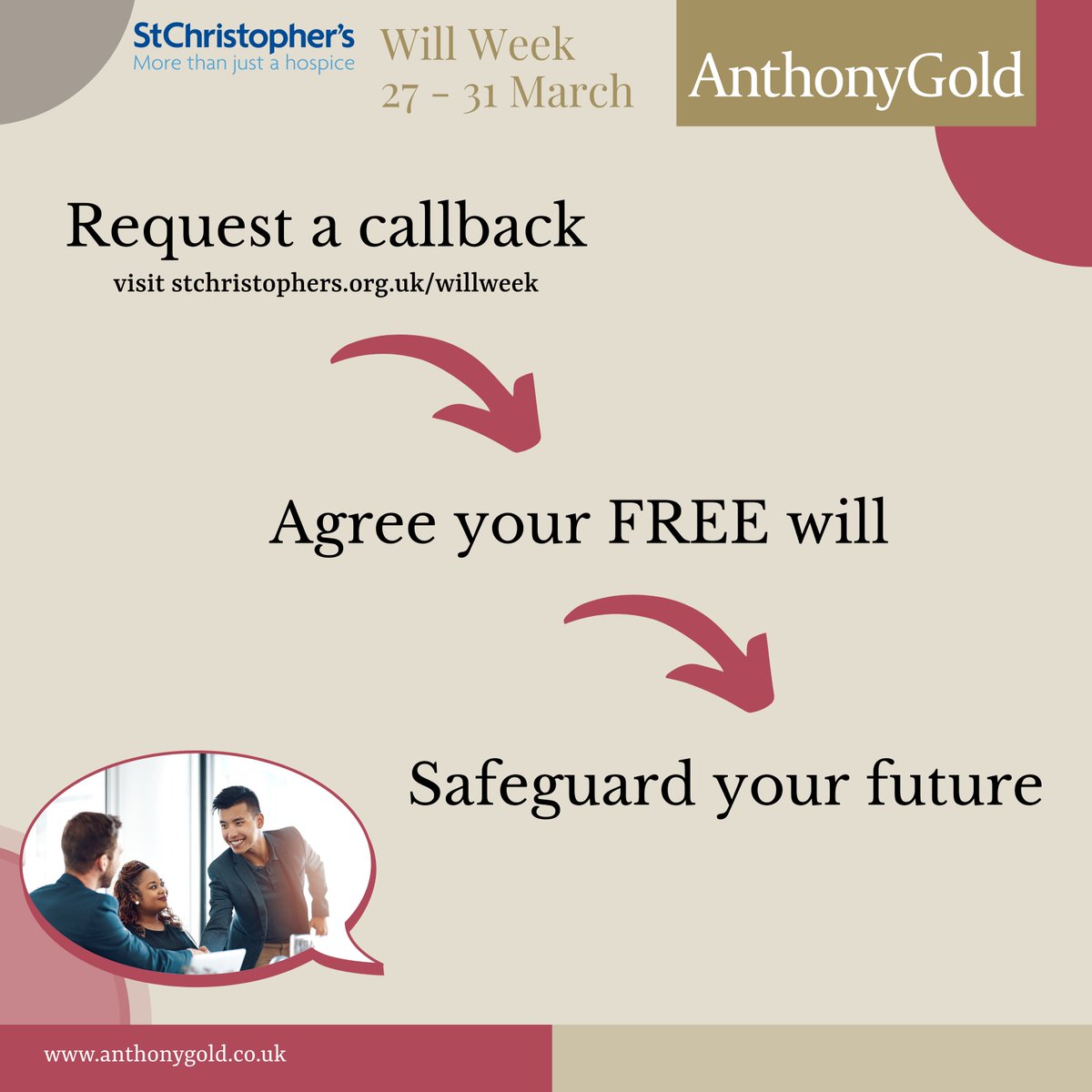 AnthonyGoldLaw's tweet photo. We have partnered with @StChrisHospice to make your FREE will (27th-31st March only).

All you have to do is visit: https://t.co/mzOefzjtVN and follow the instructions.

#FreeWill #WillWeek #AnthonyGold https://t.co/9Mafj2b0uQ