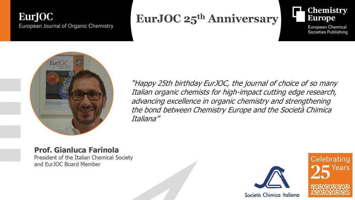 EurJOC's tweet photo. This week, @GMFarinola, President of the Italian Chemical Society and EurJOC Board Member, celebrates with us the journal's 25th anniversary. #EurJOC25

The Italian Chemical Society is one of our founding and owner societies https://t.co/IH0gCJn8Re

@FarinolaGroup @SCIorganica https://t.co/SgilaRzb0n