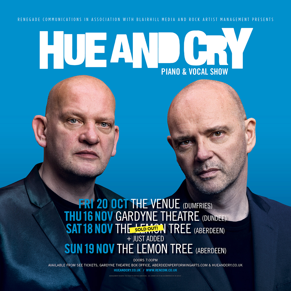 Renegade Communications (@renegade_comms) on Twitter photo Just added: Hue and Cry (piano and vocal) at Lemon Tree, Aberdeen on Sun 19th Nov. (18th Nov is now SOLD OUT). <a href="/hueandcry/">Hue And Cry</a> <a href="/APAWhatsOn/">Aberdeen Performing Arts</a> <a href="/seetickets/">See Tickets</a> Just added: Hue and Cry (piano and vocal) at Lemon Tree, Aberdeen on Sun 19th Nov. (18th Nov is now SOLD OUT). <a href="/hueandcry/">Hue And Cry</a> <a href="/APAWhatsOn/">Aberdeen Performing Arts</a> <a href="/seetickets/">See Tickets</a>