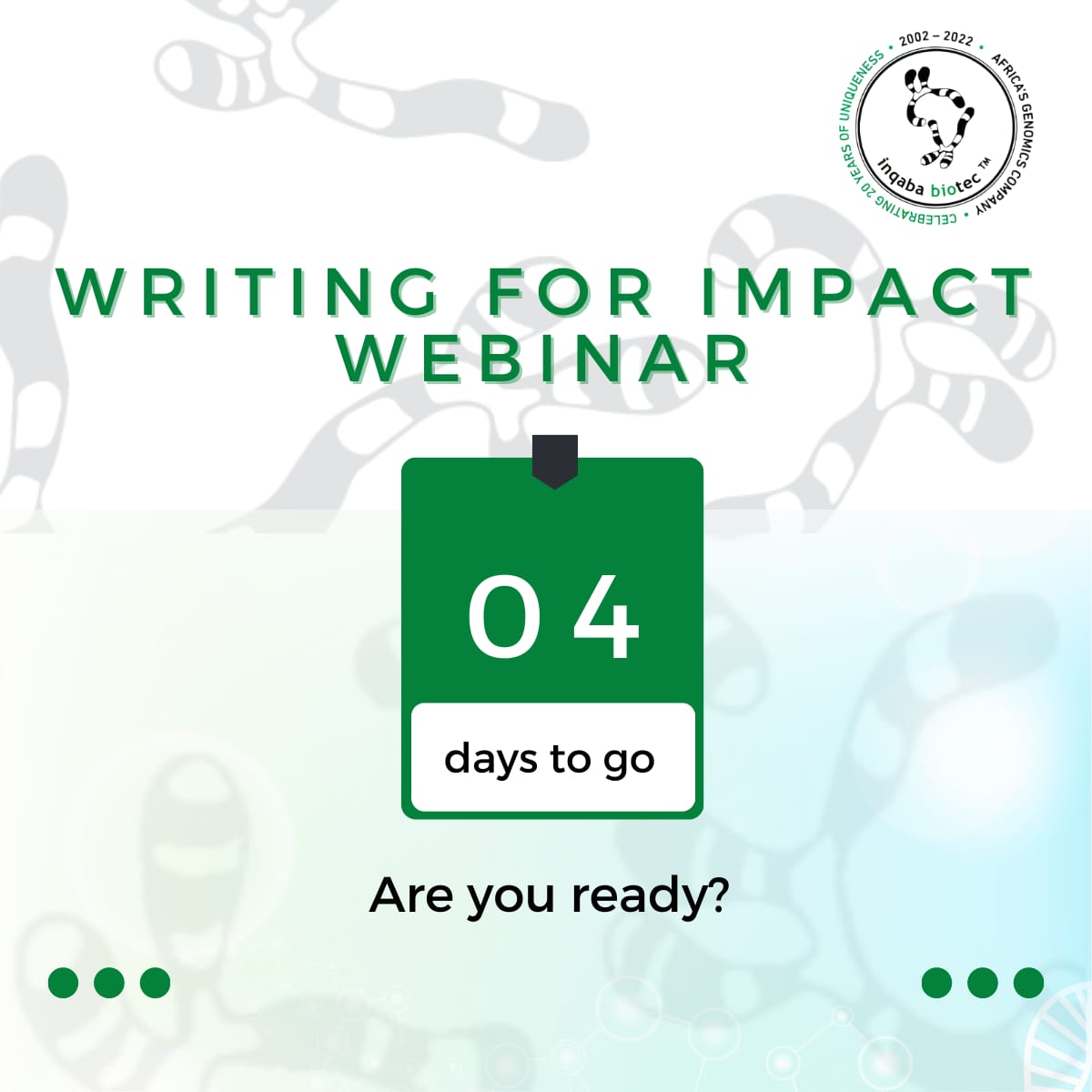 inqababiotecWA's tweet photo. It's 4 days to our "Writing for Impact" webinar and we are very excited! 🥳

The webinar will be co-hosted by Profs @christian_happi of @acegid and Linda Amoah of @NMIMR_UG.

Have you registered? Kindly follow https://t.co/JBARjxa1u6 if you haven't. You don't want to miss it! https://t.co/dBM47dwOEe