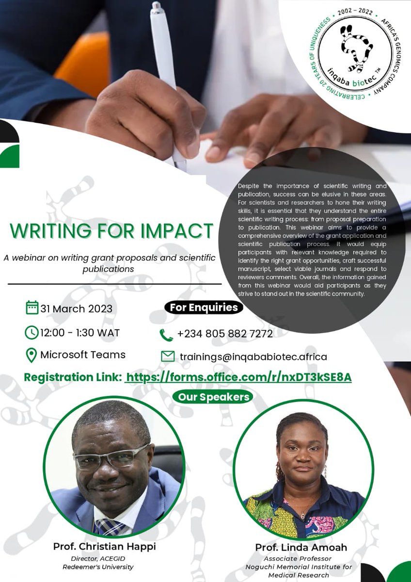 inqababiotecWA's tweet photo. It's 4 days to our "Writing for Impact" webinar and we are very excited! 🥳

The webinar will be co-hosted by Profs @christian_happi of @acegid and Linda Amoah of @NMIMR_UG.

Have you registered? Kindly follow https://t.co/JBARjxa1u6 if you haven't. You don't want to miss it! https://t.co/dBM47dwOEe