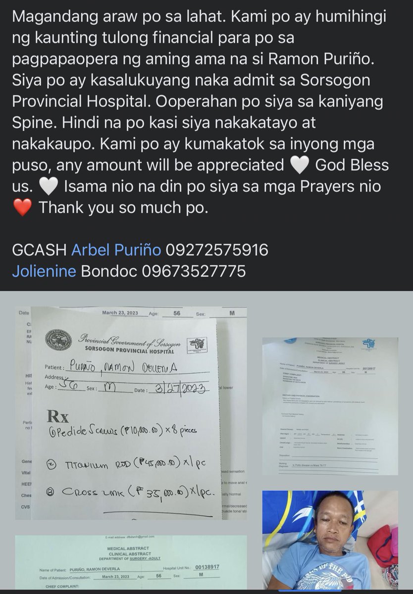mileunashi's tweet photo. hello everyone good evening po! we’re asking for a little financial help po para sa Father-In-Law ng cousin ko. any amount will be appreciated po! 🥹 thank you so much po ): pls help and rt din po,,, all details are attached po sa photos below and proofs as well. thank you! ❤️‍🩹 https://t.co/ZqvDBzYOW7