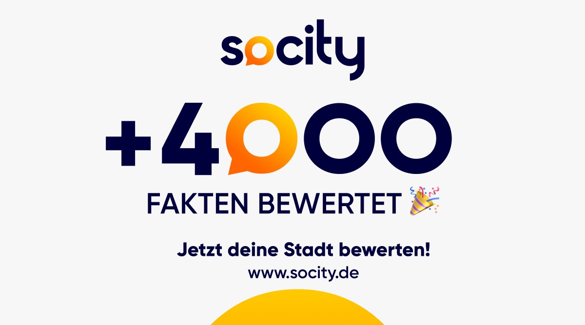 Wow! 🤩Seit unseres Livegangs in der vergangenen Woche wurden bereits über 4000 Fakten für 81 unterschiedliche deutsche Städte auf #socity bewertet! 

Sei dabei und bewerte jetzt deine Stadt!✍️
🔗socity.de