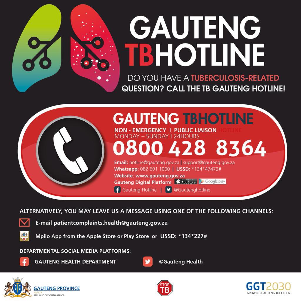 Do you have a Tuberculosis related question? Call the Gauteng TB Hotline 0800 428 8364 or email: hotline@gauteng.gov.za or WhatsApp: 082 601 1000. Remember, TB can be cured if you complete your treatment #ChekaImpilo